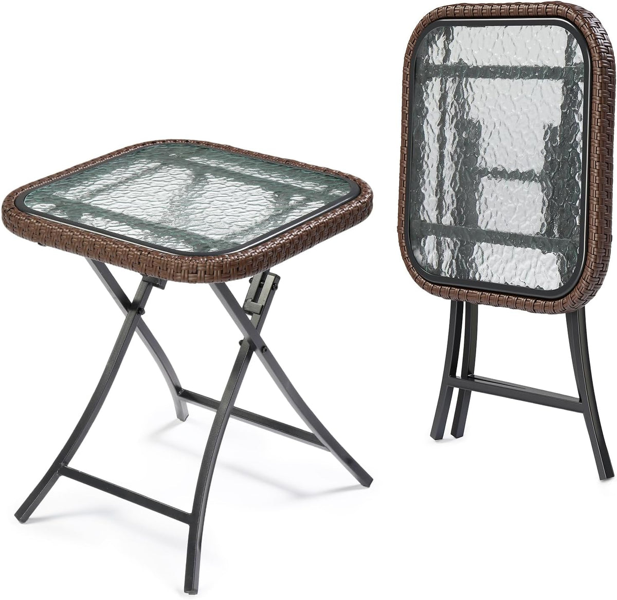 VINGLI 18in Modern Brown Rattan Folding Glass Outdoor Side Table, Small Patio Table with Tempered Glass Top,Rectangular,1 Pack