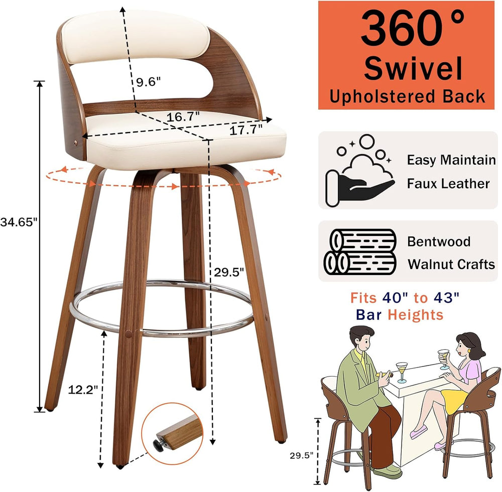 Mid Century Bar Stools with Walnut Bentwood Frame, 29.5" Bar Height