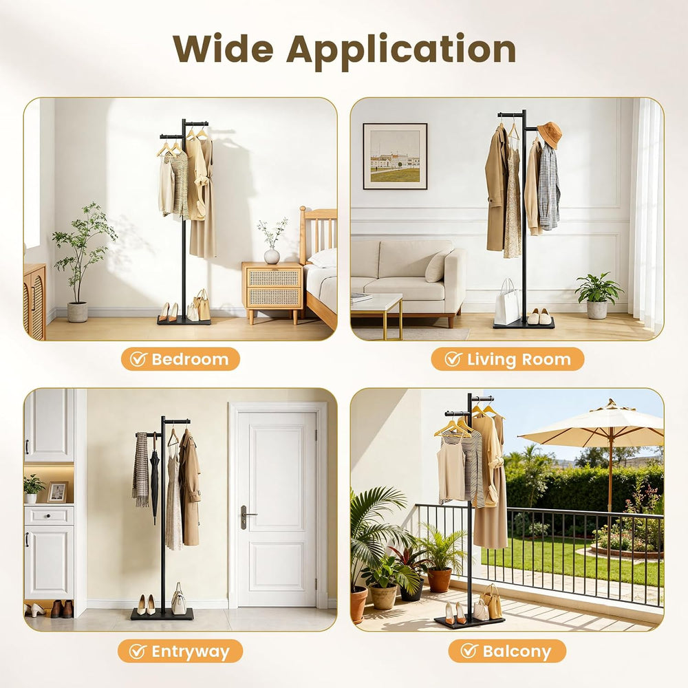 Metal Freestanding Coat Rack, 68.9"H Z-Shaped Coat Tree with Natural Roc...