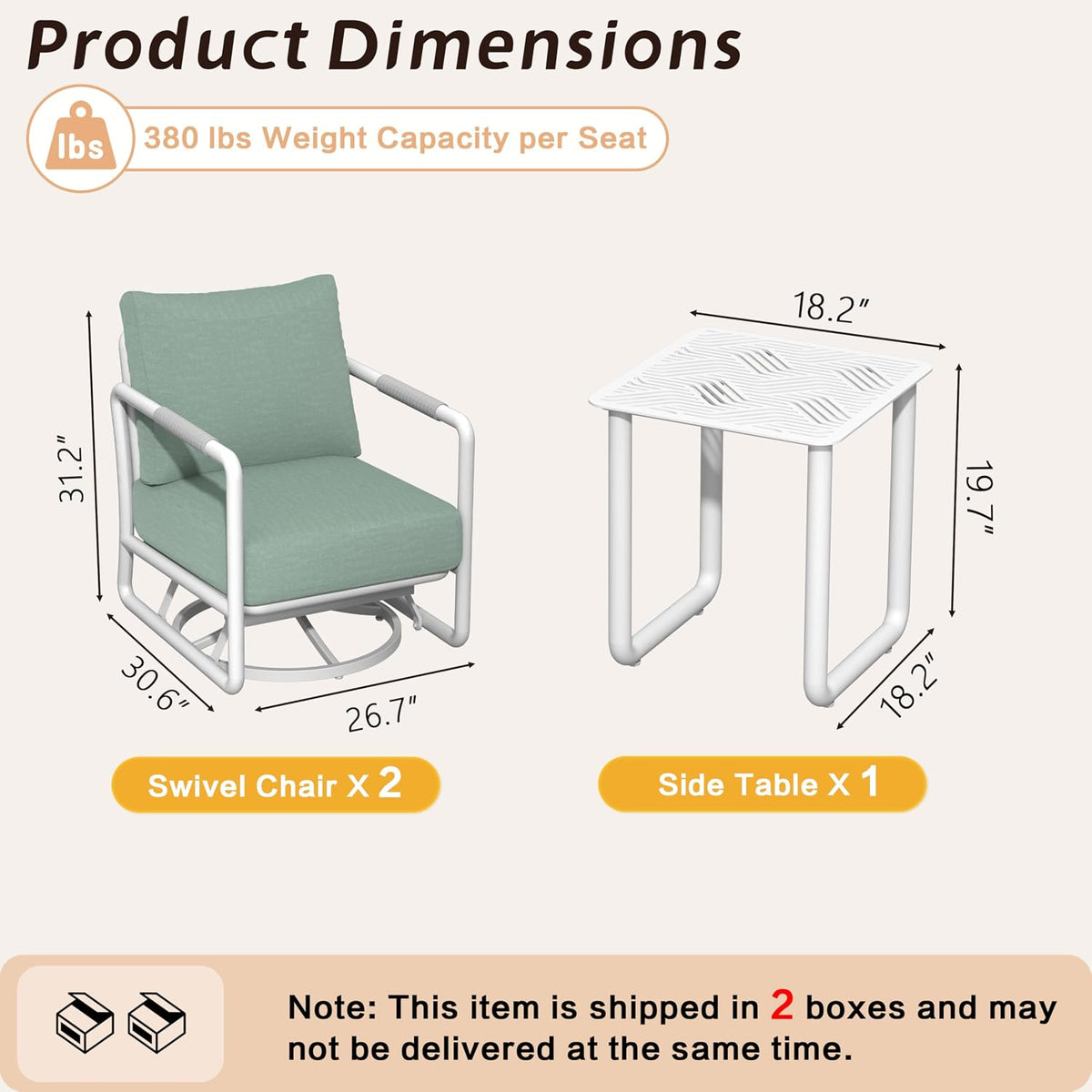 3 Piece Patio Outdoor Aluminum Swivel Rocking Chair with Coffee Table and 6.7" Thickened Cushions, All Weather Outdoor Furniture Chairs for Garden, Poolside, Deck-White