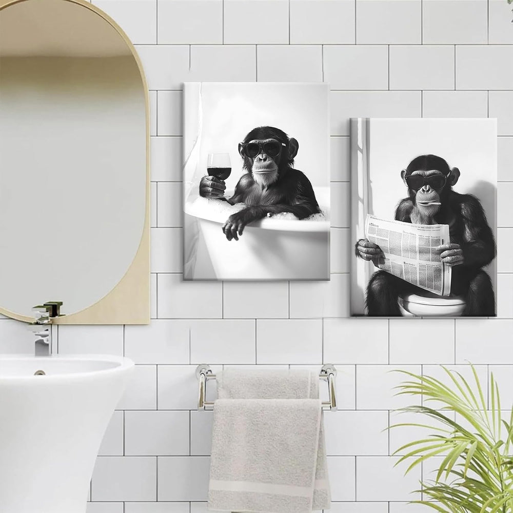 2Pcs Funny Monkey Bathroom Wall Art Chimpanzee in Bathtub Wall Decor Black an...