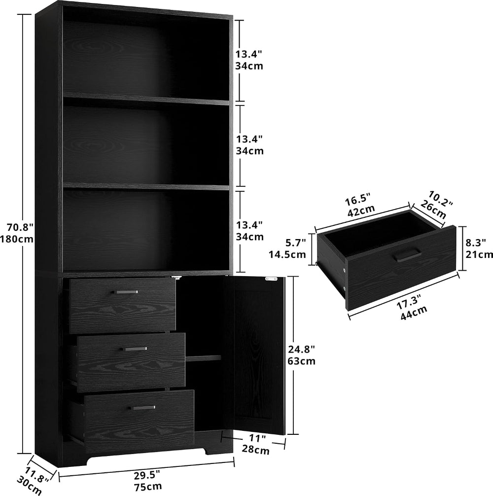 IRONCK 71 in Bookshelf with Doors and Drawers, Industrial Tall Bookcase