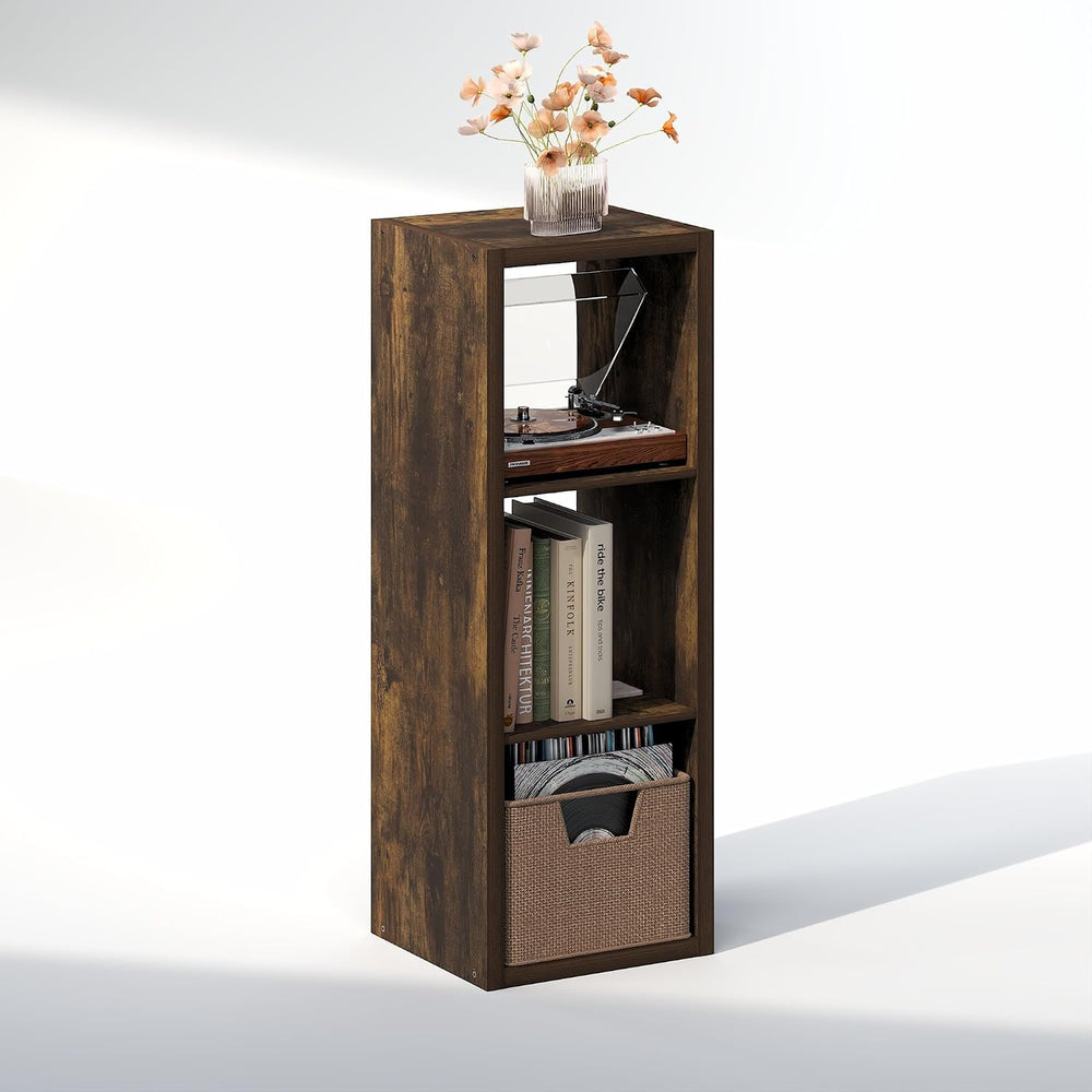 Furinno Cubicle Record Player Stand, 3-Cube Record Storage, Amber Pine
