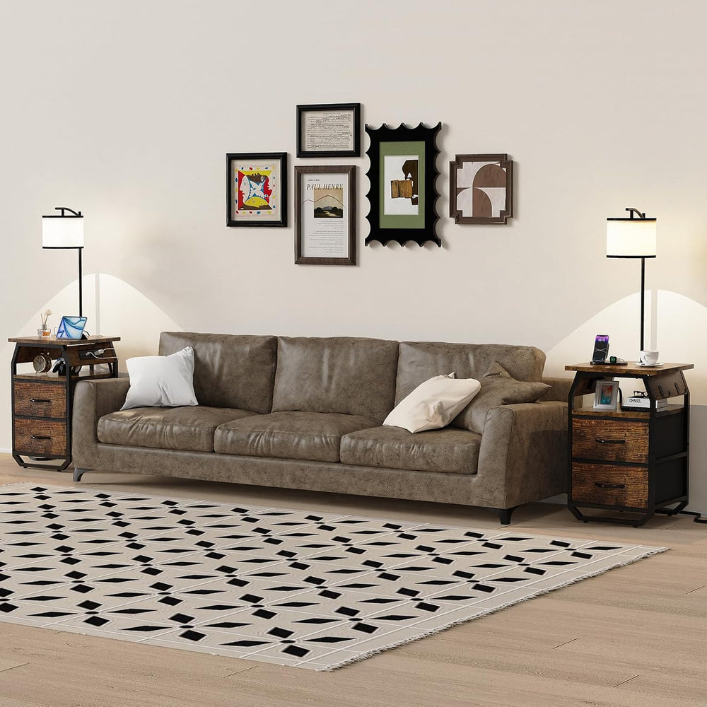 runjuly Floor Lamp with Table, End Table with Light and Charging, Rustic