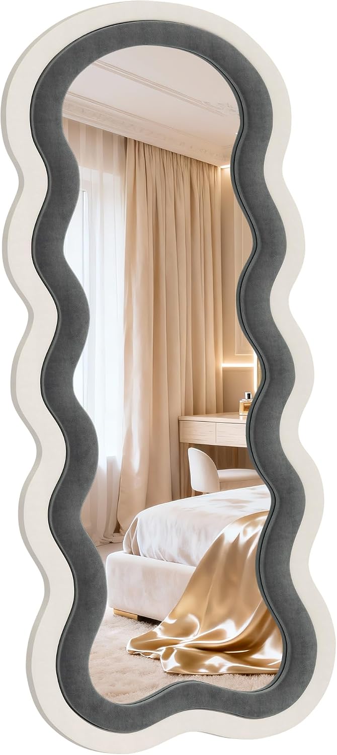 Wavy Full Length Mirror 63"x24", Black and White Velvet Frame