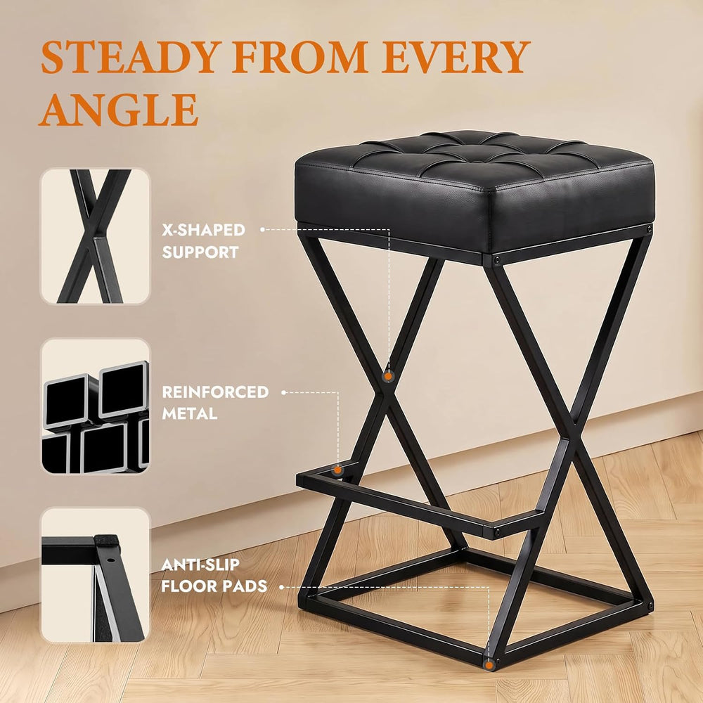 Bar Stools Set of 2, 26 Inch Counter Height Stool Faux Leather Black