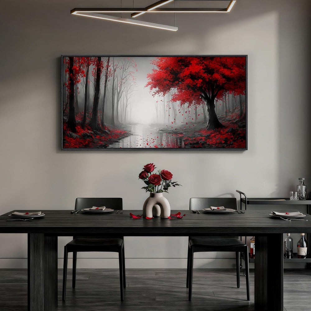 Framed Red Misty Forest Landscape Wall Art for Living Room, 60x30 Inch