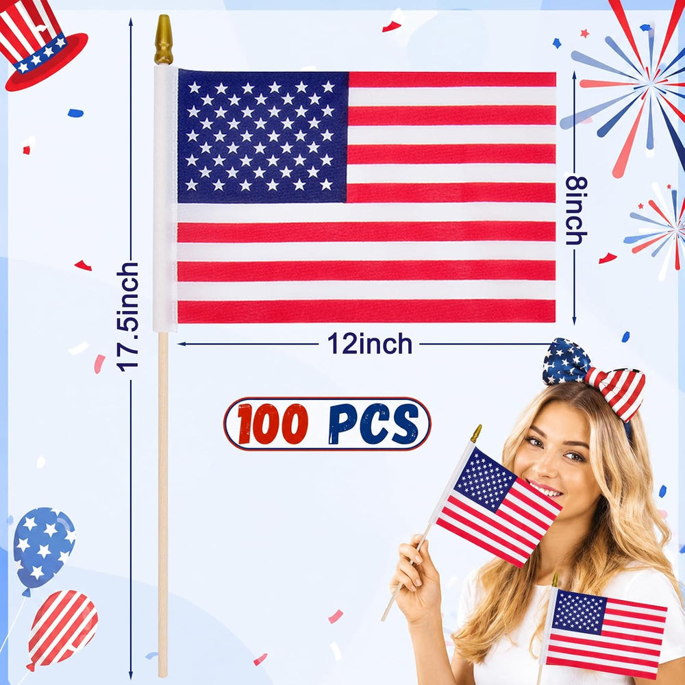 100 Pcs 8x12 Inch Small American Flags on Stick, Small US Flags for Outside