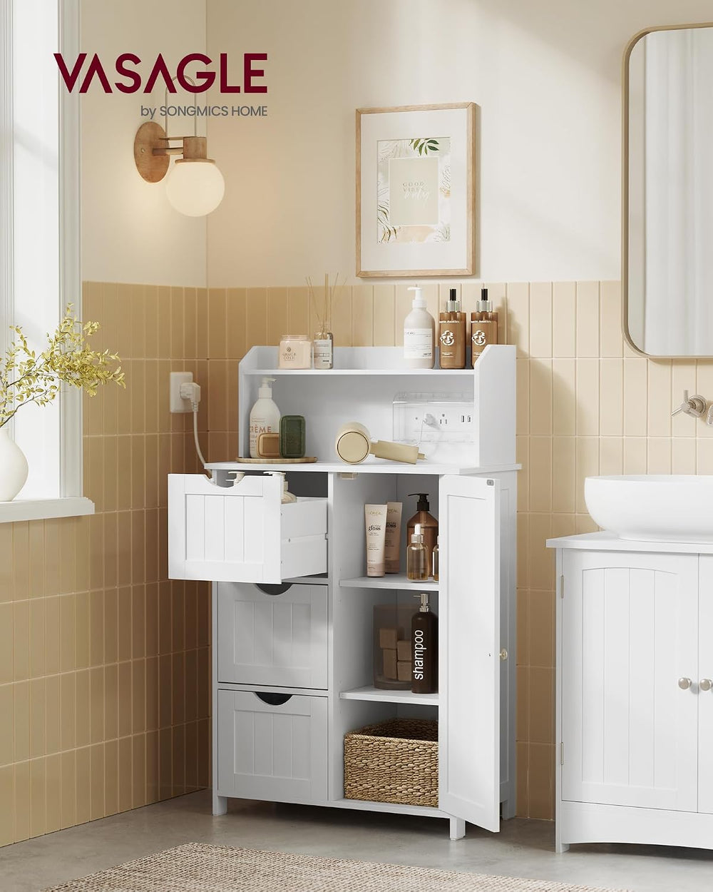 VASAGLE Tall Storage Cabinet with Power Strip, with 3 Drawers, 39.4" H