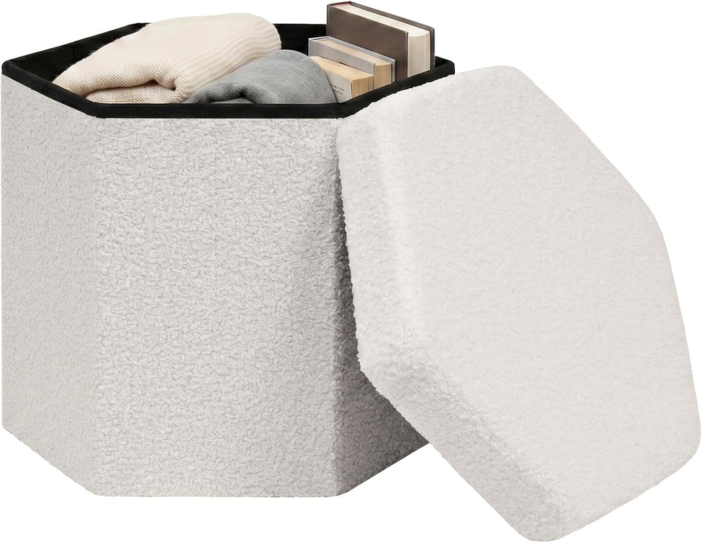 Hexagon Storage Ottoman, 15 Inch Foldable Footstool, Cream White