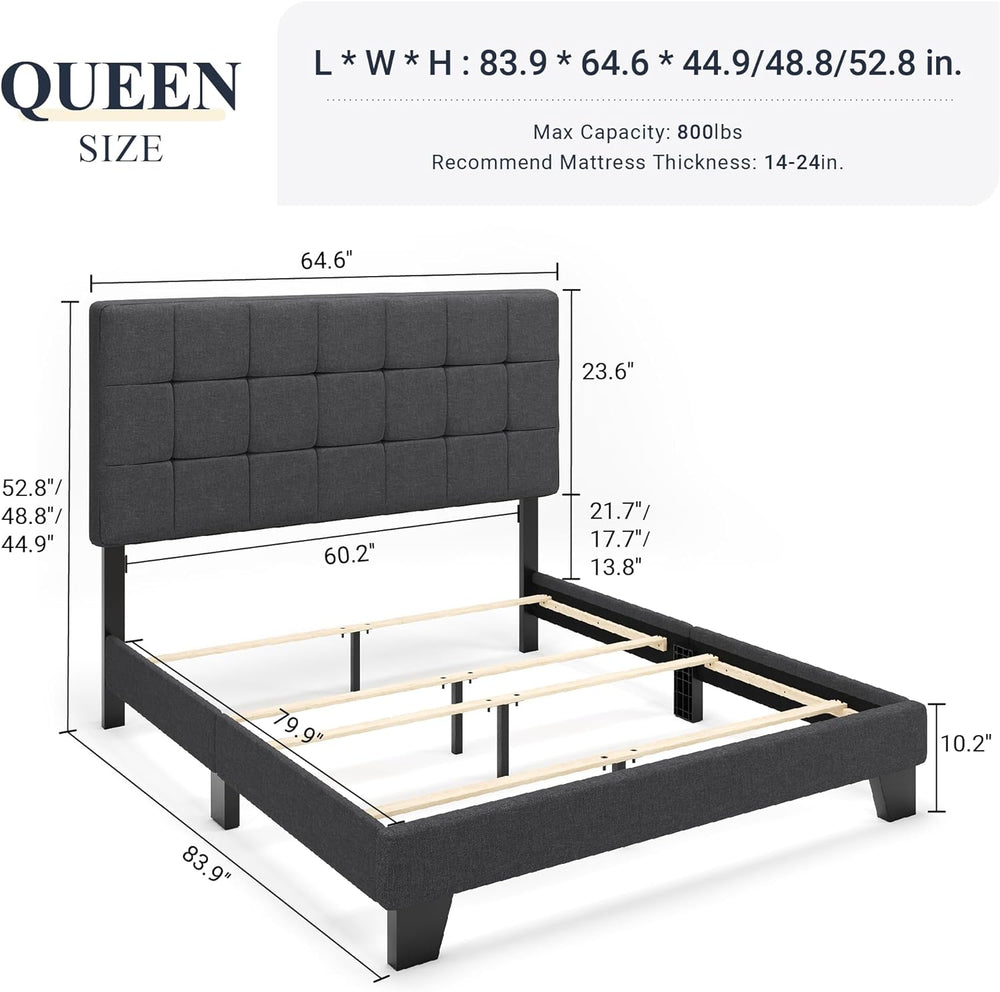 Allewie Queen Size Panel Bed Frame Box Spring Needed Dark Grey