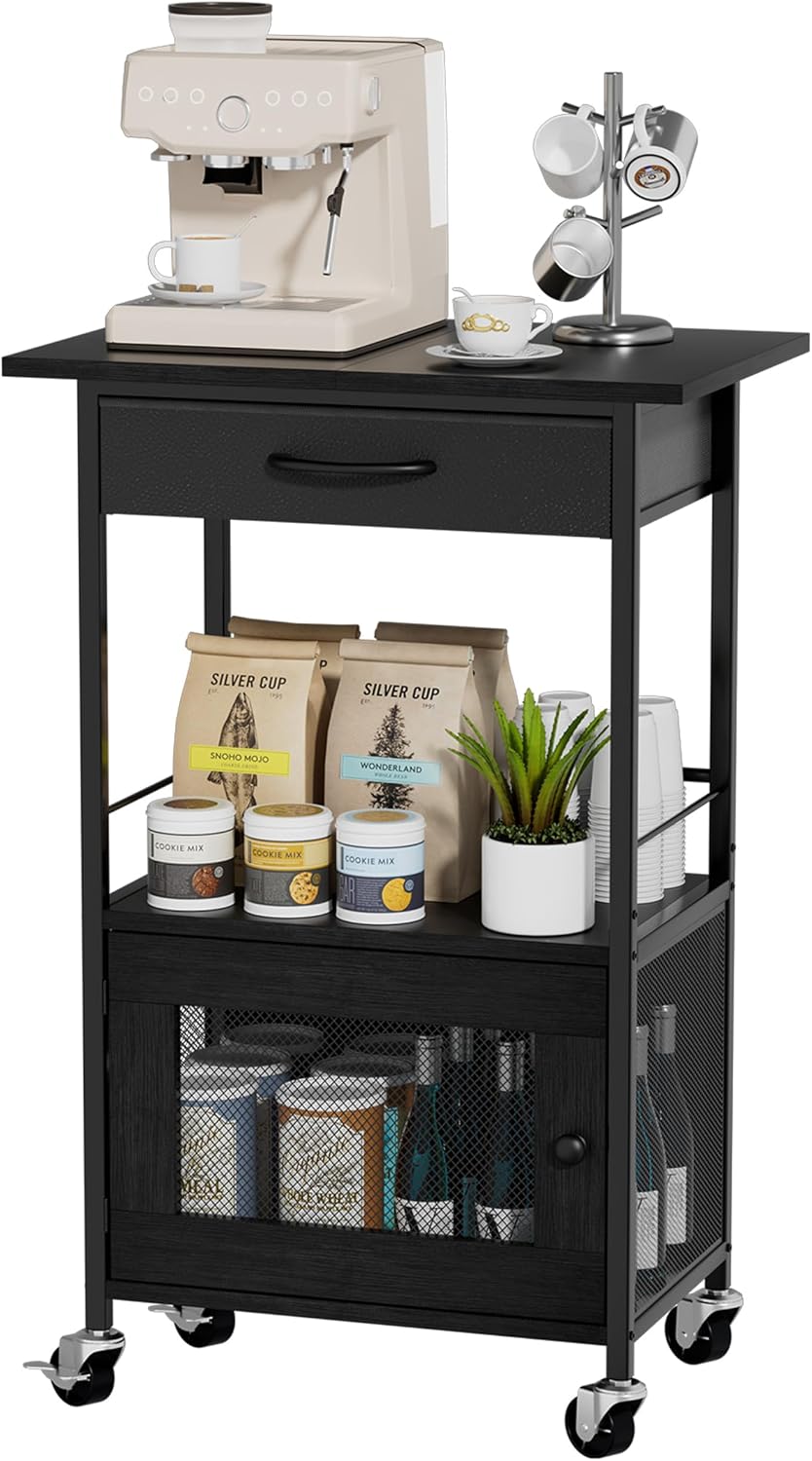 SWTYMIKI Buffets Coffee Bar Cabinet - Rolling Kitchen Rack, Farmhouse Small C...