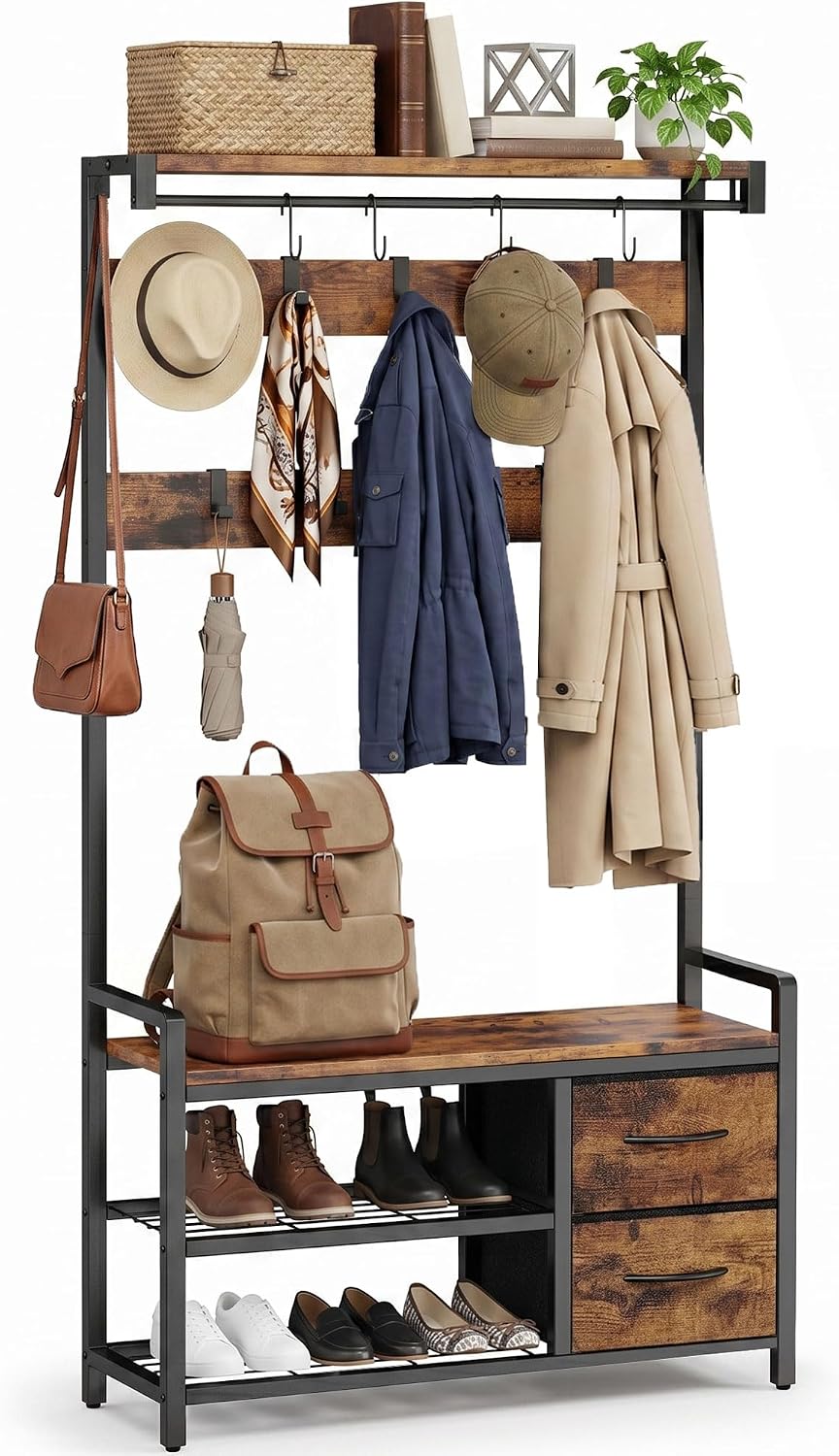 Hall Tree with Bench and Shoe Storage, 34.6" Entryway Coat Rack