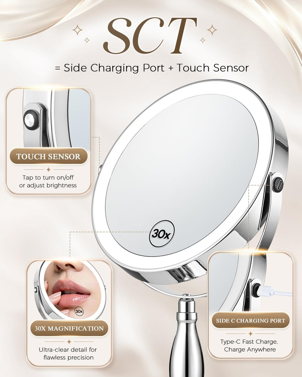 30X/1X Magnifying Mirror with Lights, Rechargeable Lighted Makeup Mirror