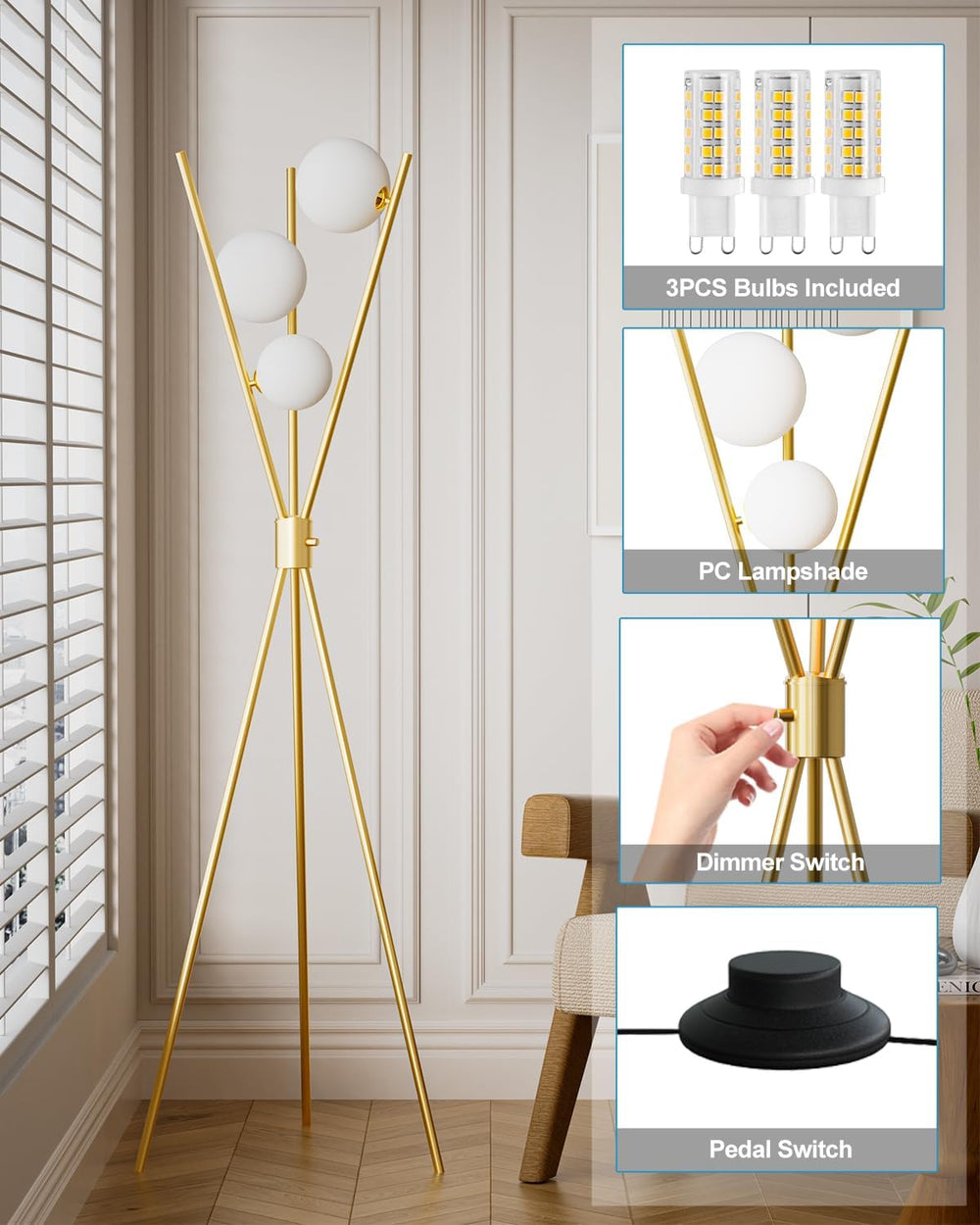 Lightdot Gold Tripod Floor Lamp Stepless Dimmable Globe Floor Lamp Modern