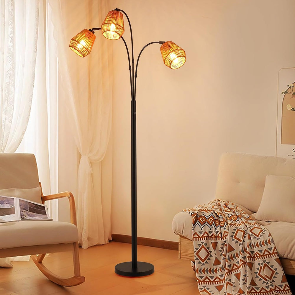 9MMML Vintage Black Arc Floor Lamp with Rotatable Arms & Rattan Lampshade...