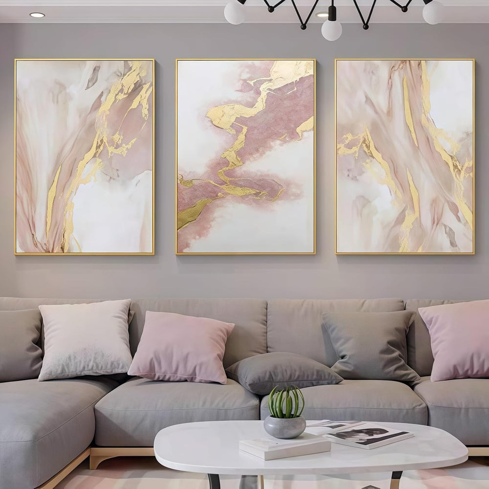 3 Piece Living Room Pink Wall Art, Framed Gold Abstract Painting Water Flow S...