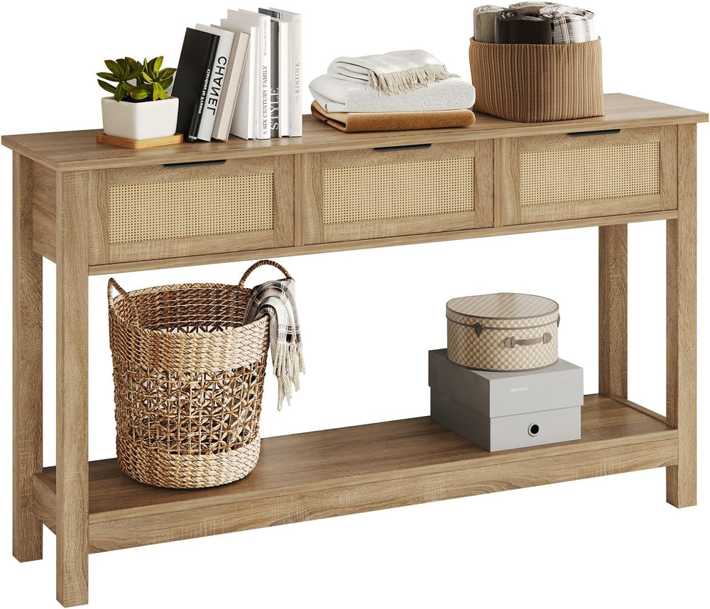 Luoxiao Rattan Console Table 3-Drawer 47" Narrow Wood Entryway Sofa Table