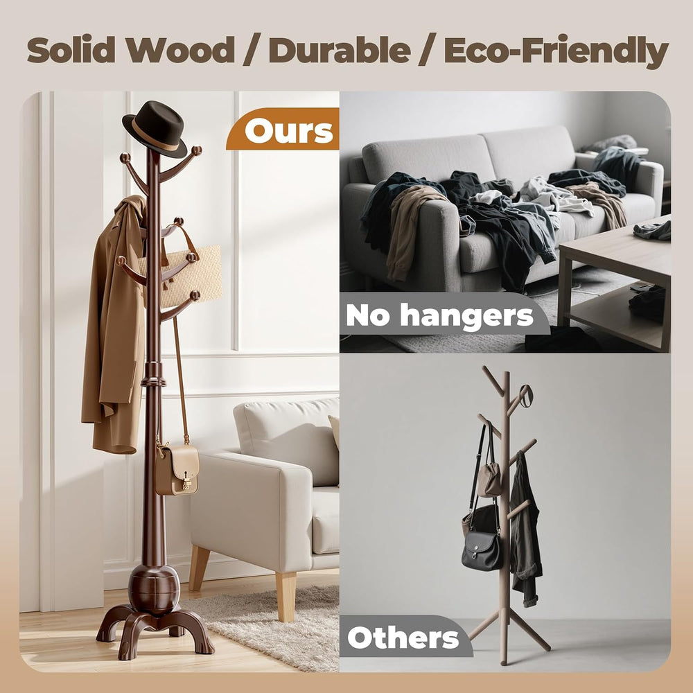 Coat Rack Freestanding with 8 Hooks, Wooden Coat Tree, Black Red