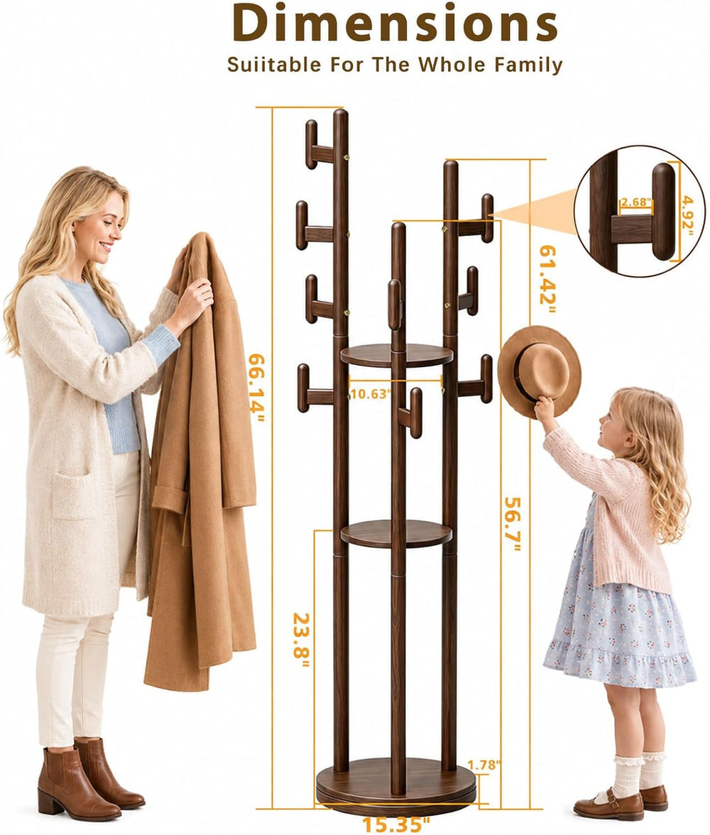 Rotary Coat Rack Freestanding - Solid Wood Coat Tree with 9 hooks & 3 Sto...