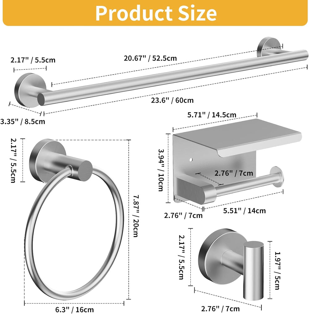 Brushed Nickel Bathroom Hardware Set 7 Piece with 23.6 Inch Towel Bar