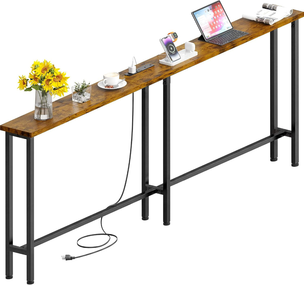 GRLEAF 63" Narrow Console Sofa Table with Built-in Power Strip (2 AC Outlets & 2 USB Ports) – 4.9ft Power Cord, Metal Frame, Easy Assembly, Ideal for Behind Couch, Hallway, and Office | Rustic Brown
