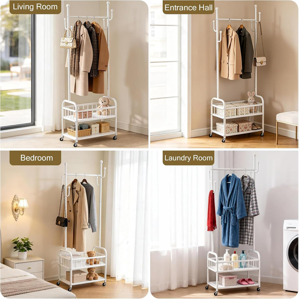 Free Standing Rolling Clothes Rack with Wheels Shoe Storage - White