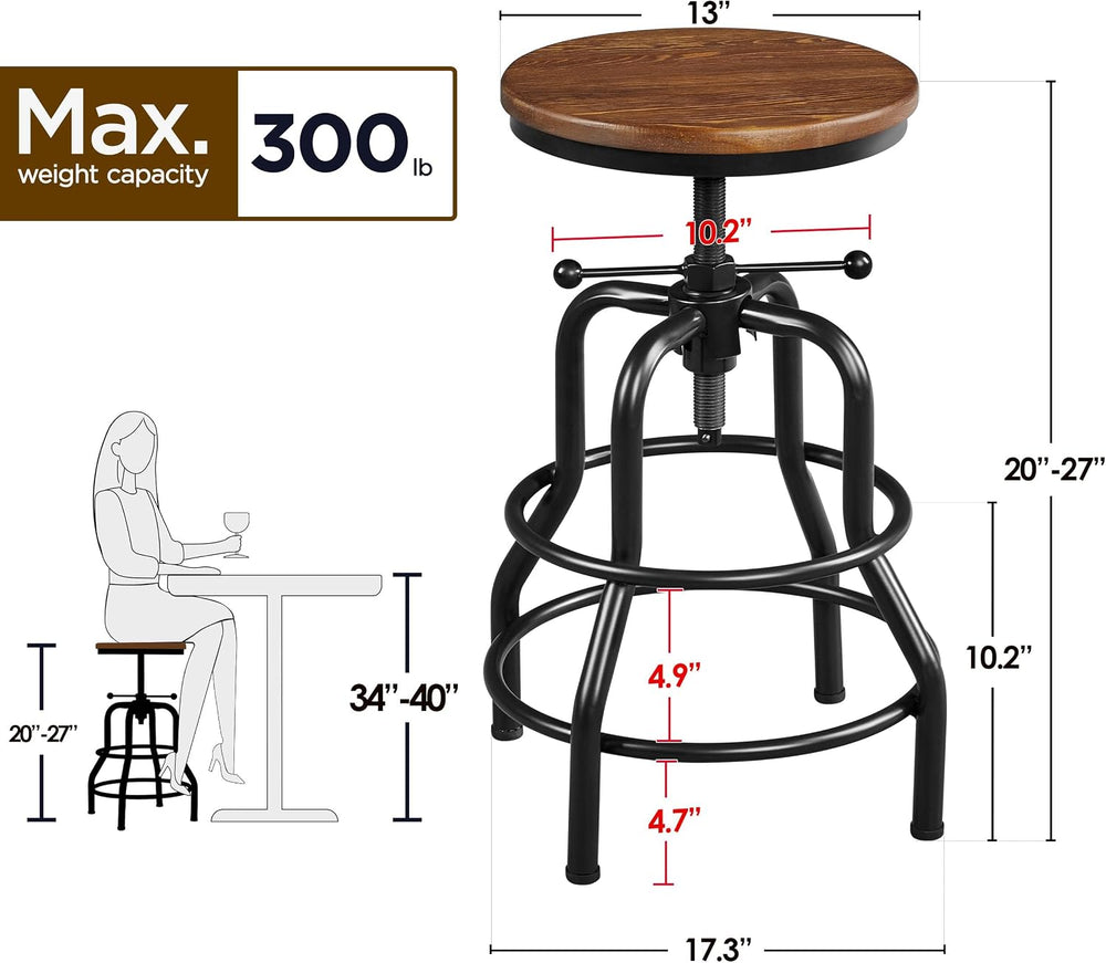 Yaheetech Counter Height Metal Bar Stool Adjustable with Wood Seat, Brown