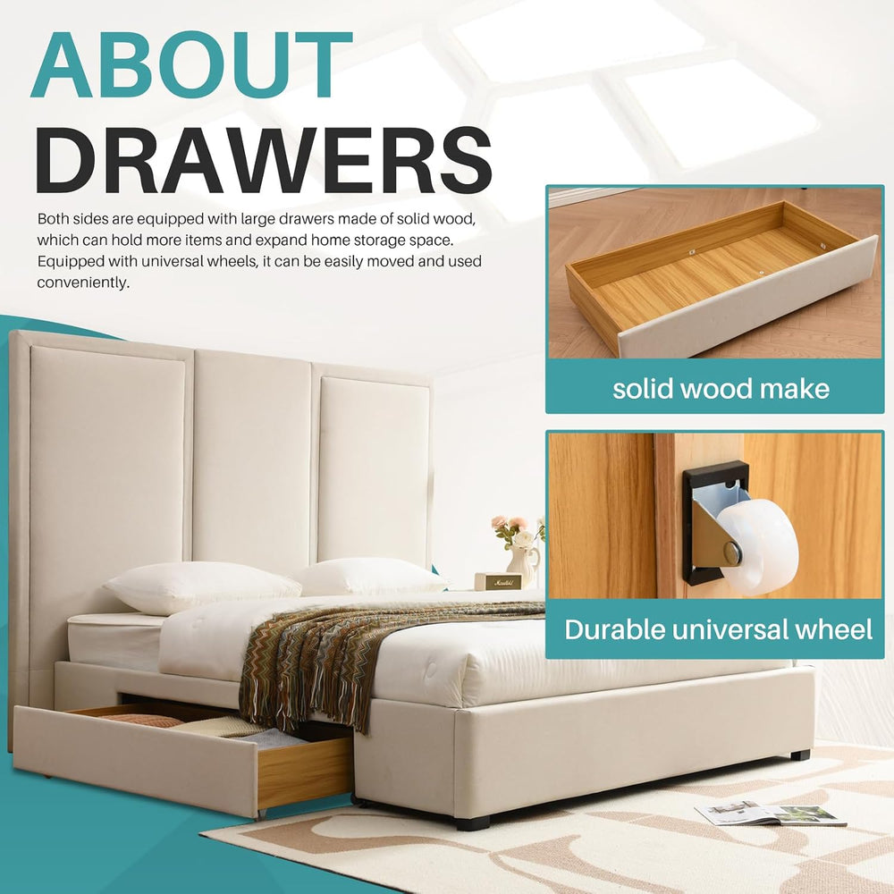 YUHUASHI King Storage Drawers Bed with 64" Upholstered Headboard，Beige
