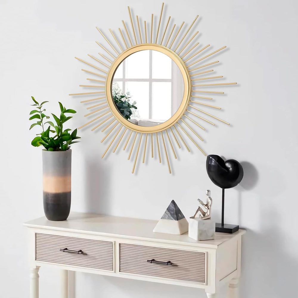 Large Gold Spoked Sunburst Wall Mirror Boho Home Decor Round Wall Art Mirror ...