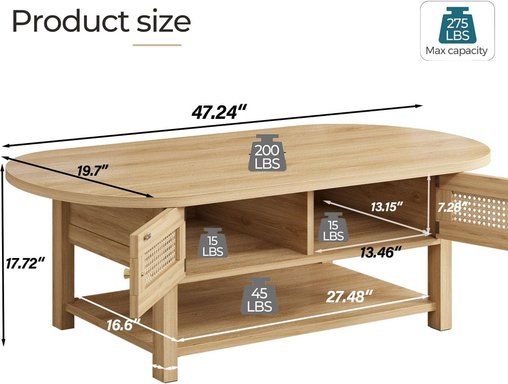 LVB Oval Rattan Coffee Table, 47" Boho Wood Living Room Table with Storage