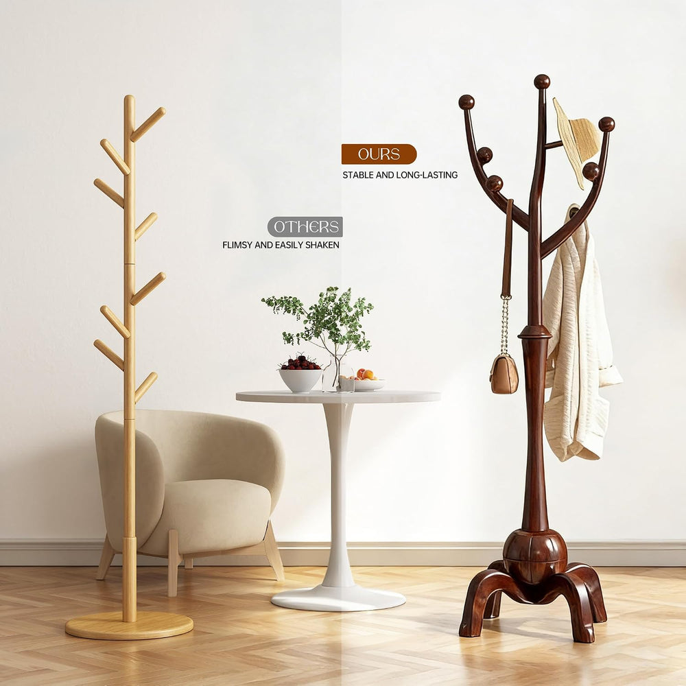 Wood Freestanding Coat Rack 8 Hooks Coat Tree Standing,Dark Walnut