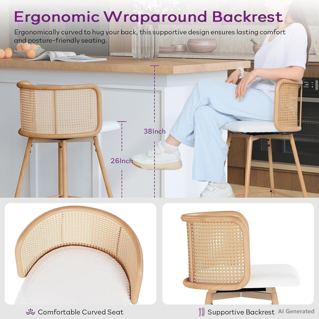 26" Rattan Bar Stools Set of 2, Swivel Counter Height Barstools, White