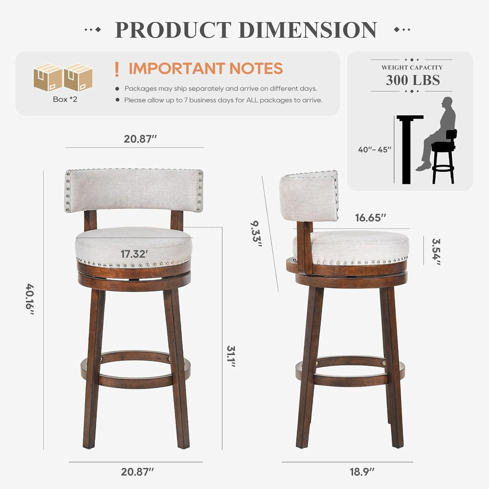COLAMY Swivel Bar Stool Set of 2, Bar Height Bar Chair, Modern Barstool with ...