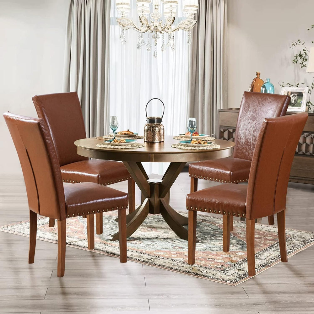 Parsons Dining Chairs Set of 6, Upholstered Nailhead PU Leather Dining Room K...