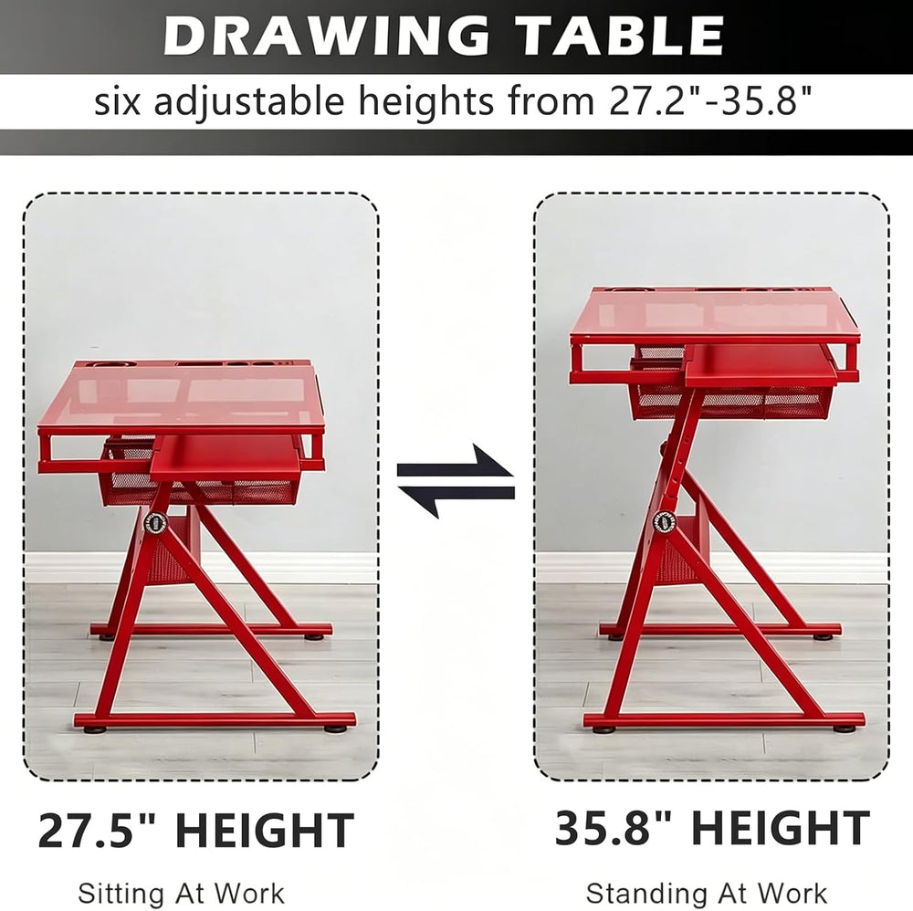 Drafting Table for Artists, Glass Drawing Table with Stool, T1-Red