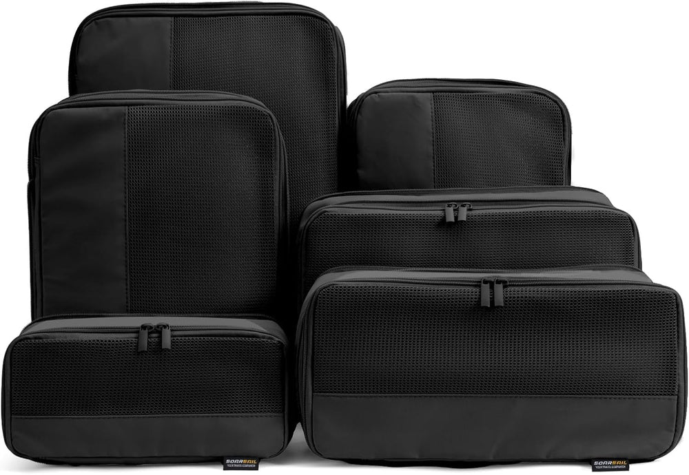 6 Piece Compression Packing Cubes for 7–14 Day Travel, Jet Black