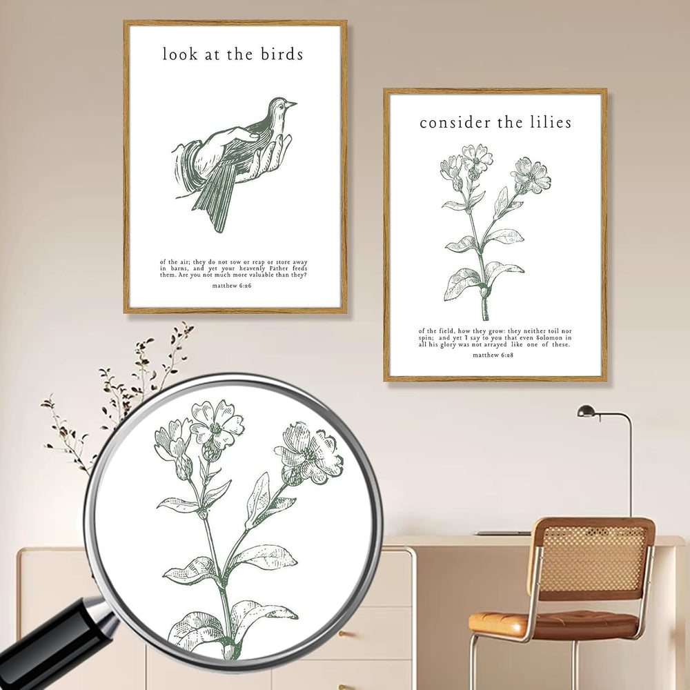 Framed Christian Wall Art Set – Matthew 6:26 “Look at the Birds” & “Consi...