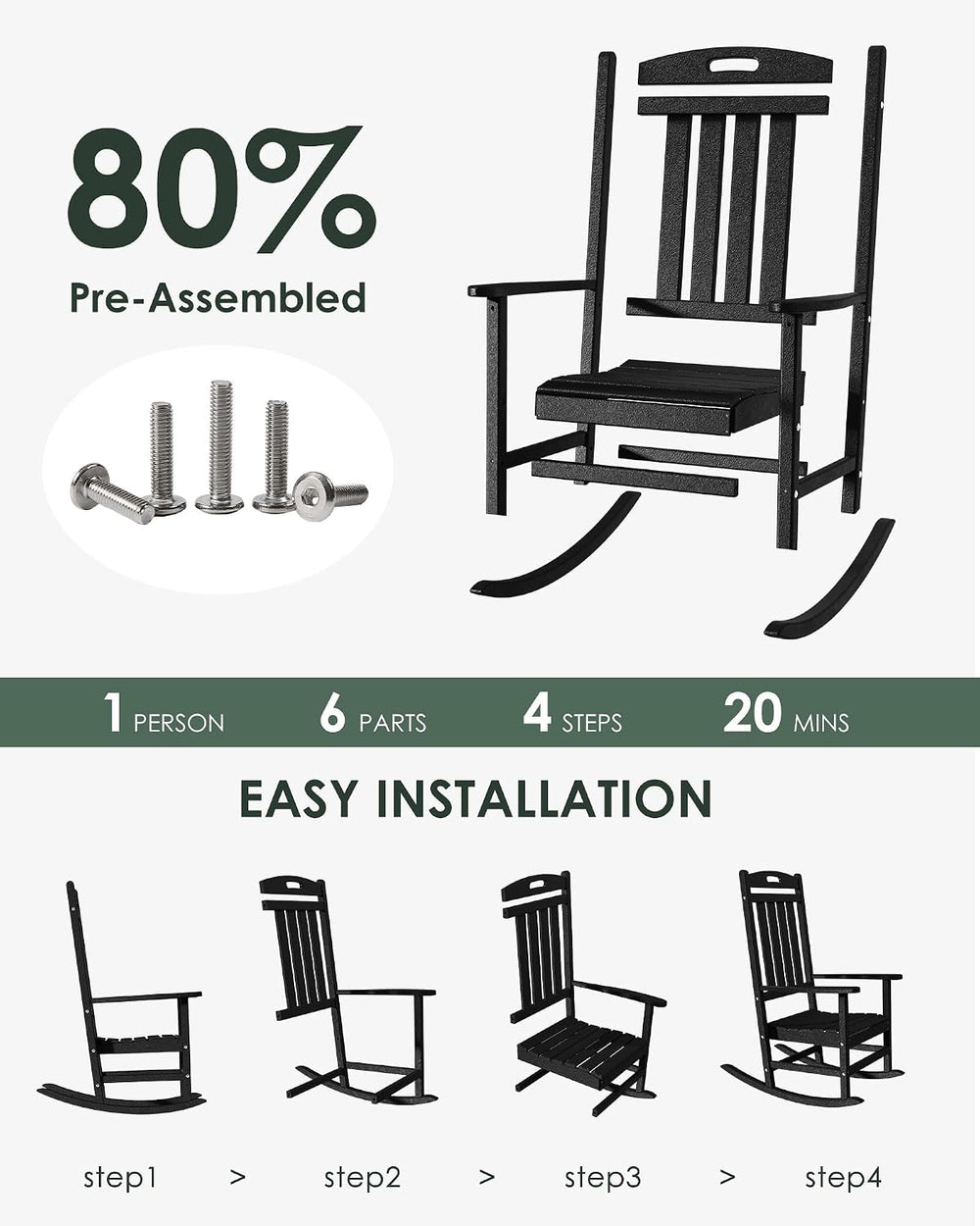 Outdoor Rocking Chair Set of 2, All-Weather Resistant Poly Lumber Chair