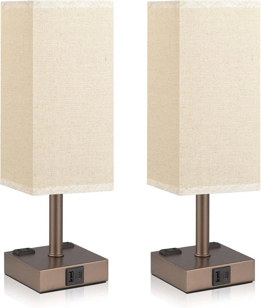 Brown Touch Lamps Set of 2 for Bedroom - Dimmable, USB C+A, 2 AC Outlets