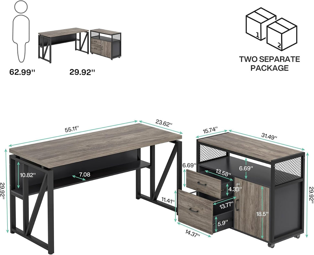 Tribesigns Grey Executive Desk with Cabinet, 55" L Shaped Computer Desk ...