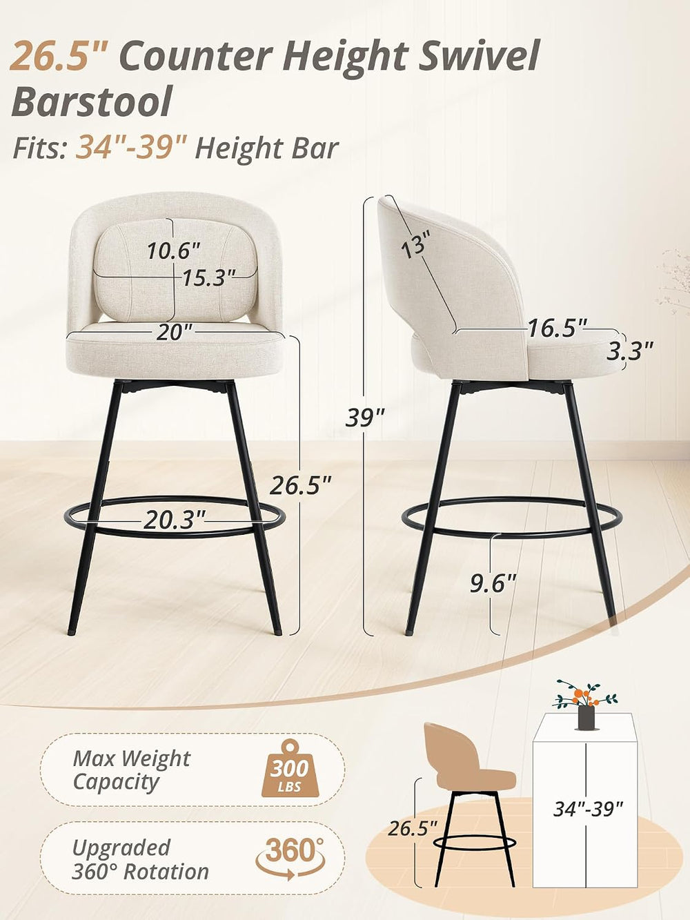 LUE BONA 26''H Swivel Bar Stools Set of 2, Counter Height Bar Stools ...