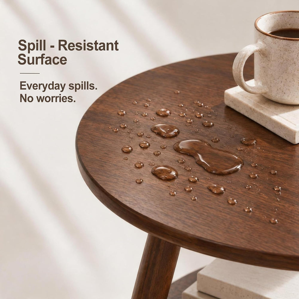 Small Round Side Table Set of 2, 16.5" 2-Tier Solid Wood End Tables, Walnut