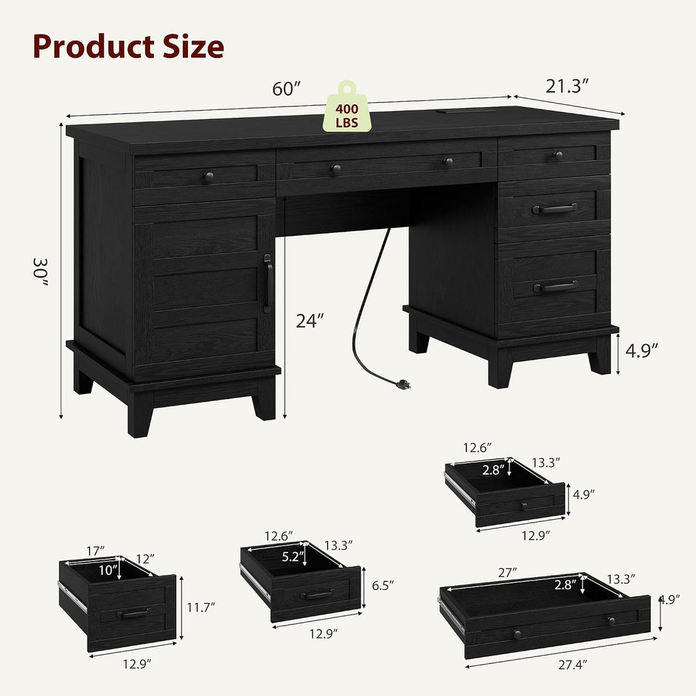 Garvee 60" Wooden Home Office Desk with File Drawers, Executive Desk wit...