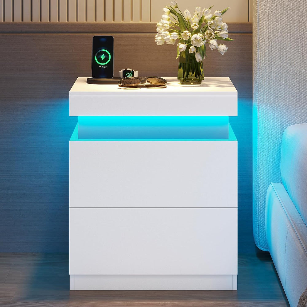 ADORNEVE White Modern Bedside Table with 2 Drawers