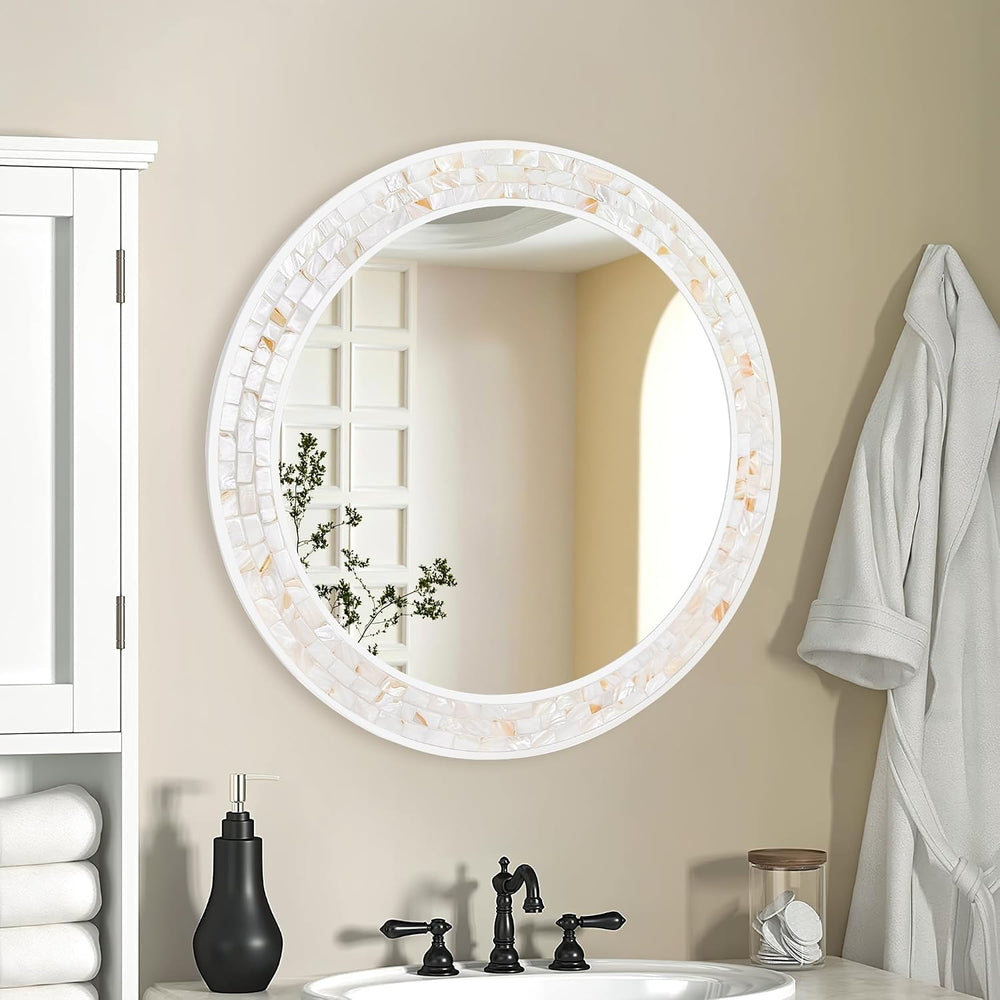 26 Inch Round Wall Mirror with Natural Shell Inlay Mosaic Frame
