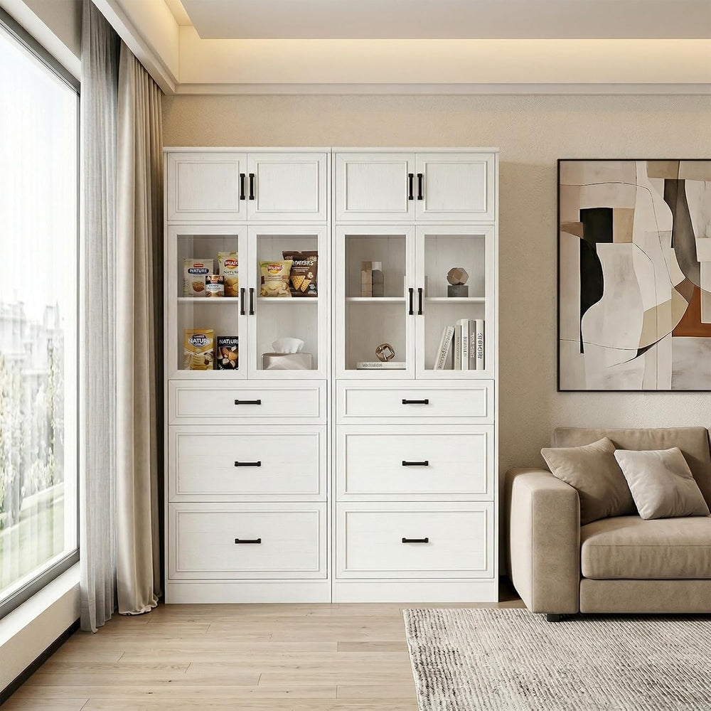 Unikito 80" Kitchen Pantry Cabinet with Glass Door and 3 Drawer Organizers