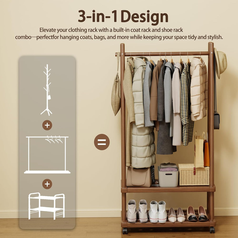 Solid Wood Clothing Rack with Wheels, Garment Rack Shelves, 31.5"W WALNUT