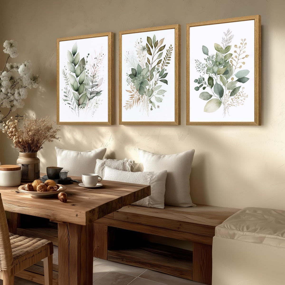 LLEEMPI Sage Green Botanical Wall Art Set of 3, 12x16 Wood Framed Prints