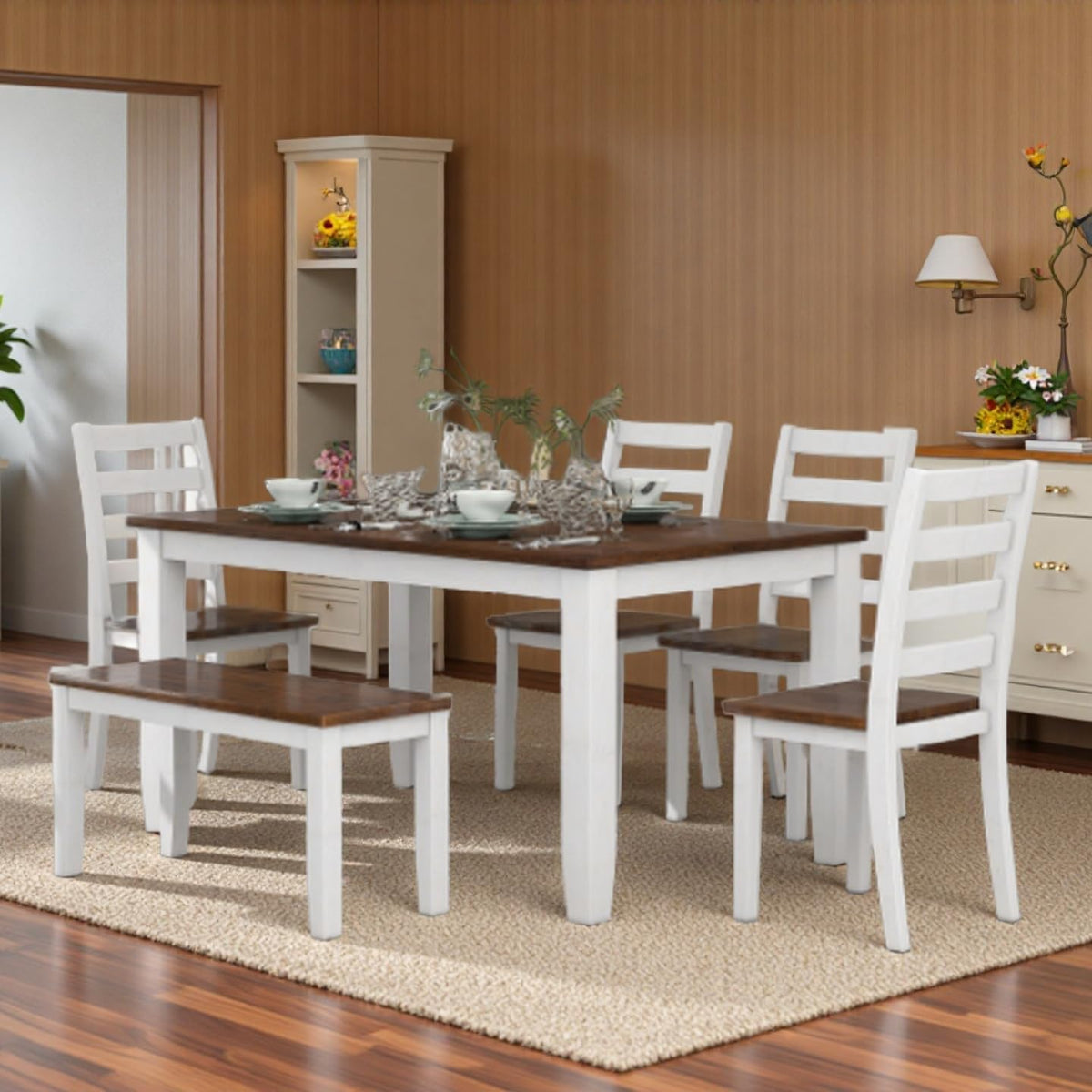 LUMISOL 6 Piece Farmhouse Dining Table Set with Bench, Walnut Cottage White